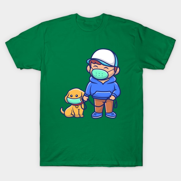 Cute Boy With Dog Wearing Mask Cartoon T-Shirt by Catalyst Labs